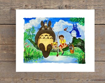 Totoro Watercolor Art Print: Anime Landscape Wall Decor