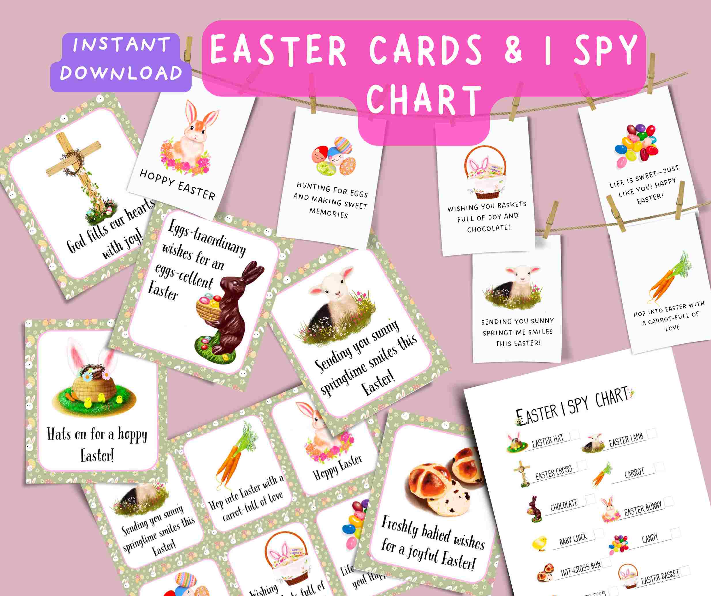 Printable Easter Cards & I Spy Game | 12 Cute Designs | Fun Easter Activity for Kids | Easter Illustrations for Kids and Adults