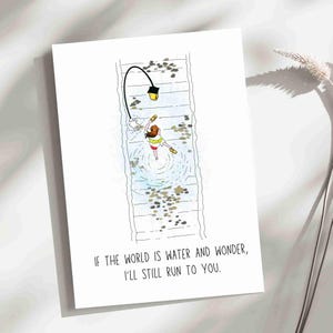 Greetings card with an illustration of Chihiro from Spirited away, Ghibli movie. She is running on rail tracks, which are under water, along with a walking street lamp. The card has a minimalist vibe with a phrase under the image that says " If the world is water and wonder, I will still run to you". The back of the card also has a phrase that says " Even through the quiet and the unknown, I'd follow you anywhere- step by step, heart by heart". It is a Studio Ghibli fan art greetings card.