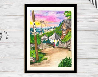 Ghibli Inspired Watercolor Art Print: Poppy Hill Landscape