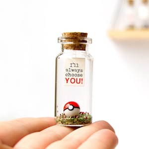 May include: A small clear glass bottle with a cork stopper containing a miniature red and white ball on a bed of green and red decorative material. A white paper note inside the bottle features the black and red text I'll always choose YOU!