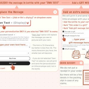 May include: A pink and white graphic with instructions on how to personalise a message in a bottle. The graphic includes a text box labelled "...type your own text here..." and a button labelled "Add to cart". The graphic also includes a section on how to add a gift message with a text box labelled "...type your gift message here..." and a button labelled "Add gift wrapping".
