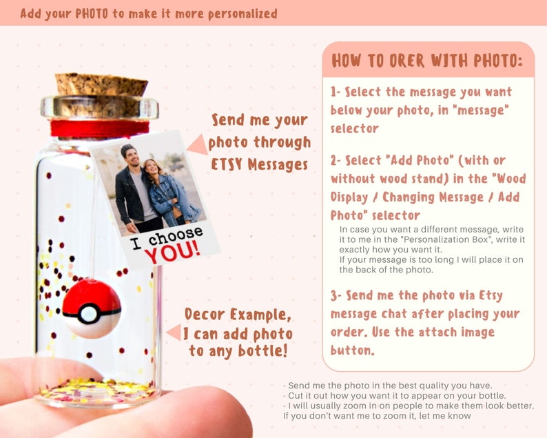 May include: A clear glass bottle with a cork stopper containing gold and red glitter and a small spherical red and white toy. A square photo print hangs from the bottle neck featuring a couple and the text I CHOOSE YOU! Text instructions for ordering with a photo are displayed on the right side.