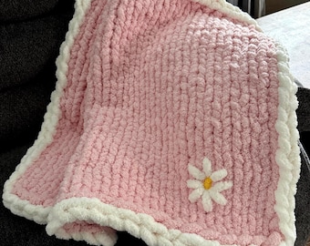 Handmade Chenille Pink Baby Blanket – Soft Pink, Ivory Flower and Ivory Border Detail