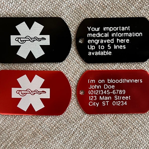 Custom Medical Alert Dog Tag Engraved with Your Information