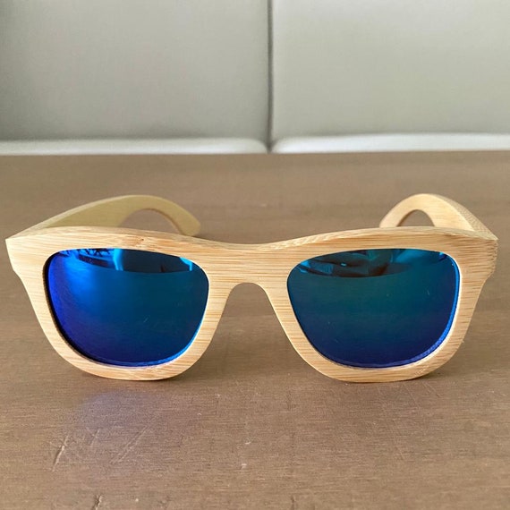 Wooden Blue Mirror Lens Square Full Rim Sunglasses - image 1