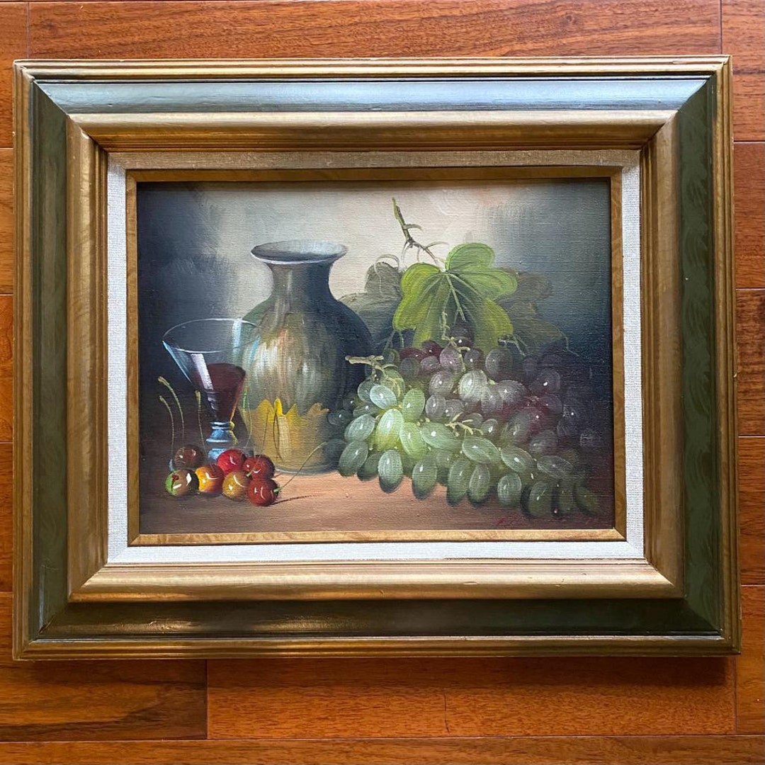 Vintage Signed Still Life Oil Painting of A Vase, A Glass of Red Wine ...