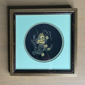 Vintage Framed Sharon Wald Scratchboard Art - Butterfly And Flowers