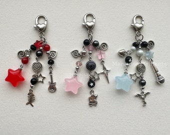 Handmade emo grunge pink blue and red cluttered keychains or phone charms | y2k, star girl, rockstar gf, beaded keychains,
