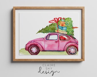 pink christmas wall decor | pink car with christmas tree | christmas prints | pink christmas decor | printable christmas wall art | holiday