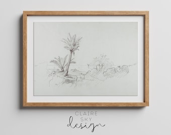 vintage seascape print | seascape wall art | vintage ocean sketch | graphite seascape | printable vintage art | fine art printable | palm