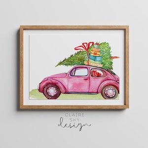 rosa Weihnachtsdeko | pinkes Auto mit Tannenbaum | Weihnachtsdruck | rosa Weihnachtsdeko | Druckbare Weihnachtsdeko | Urlaub