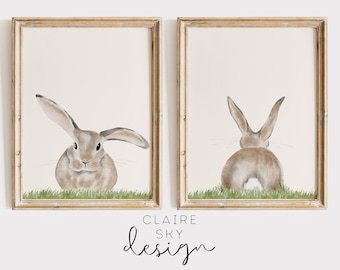 easter bunny prints set of 2 | easter printable wall art | easter prints | bunny decor | spring wall art | brown rabbit print | instant art