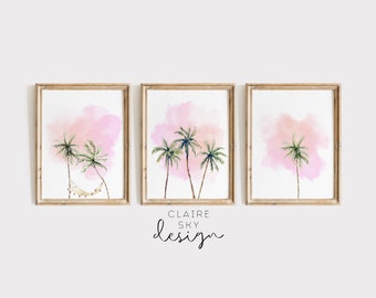 arte de playa rosa / estampados costeros rosados conjunto de 3 / conjunto de arte de pared imprimible de palmeras de acuarela / decoración de pared tropical rosa / estampados de palmeras