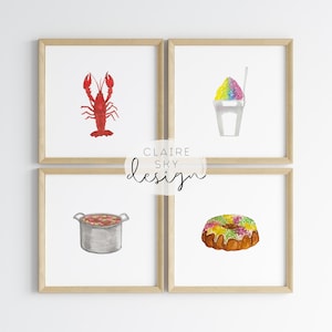 Köksinredning i Louisiana | Konst från New Orleans | Tryck med Nola | Konst med Cajun-mat | Set om 4