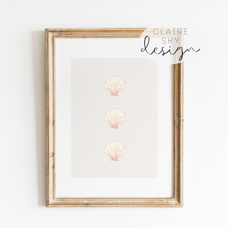 May include: A framed print with three watercolor illustrations of seashells on a light pink background. The text 'CLAIRE SKY design' is in the top right corner of the print.