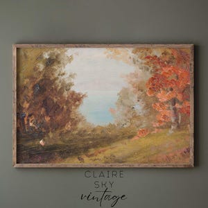 Puede incluir: Una pintura enmarcada que representa una escena de paisaje con &aacute;rboles y un lago en el fondo. Los &aacute;rboles est&aacute;n pintados en tonos de marr&oacute;n, verde y rojo. El lago es de color azul claro. La pintura est&aacute; en un marco de madera.