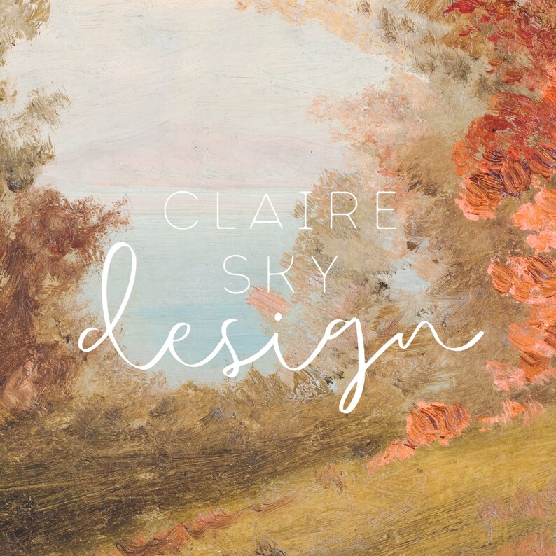 Puede incluir: Una pintura con una combinaci&oacute;n de colores azul claro, marr&oacute;n y naranja. El texto "CLAIRE SKY design" est&aacute; escrito en blanco sobre la pintura.