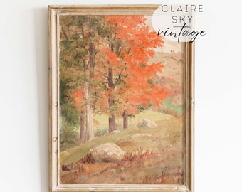impresiones de arte de otoño vintage / arte de pared de pintura al óleo de árbol de otoño / paisaje de otoño arte vintage imprimible / paisaje vintage de bellas artes de otoño