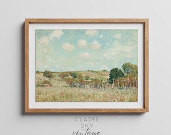 vintage landscape painting | antique farmhouse decor | autumn field with flowers wall art | antique printable wall art | digital download