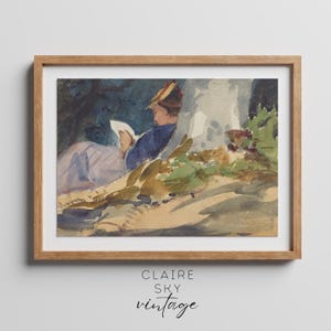 antique portrait woman reading | vintage portrait painting | fall art print | woman reading by a tree print | printable vintage wall art