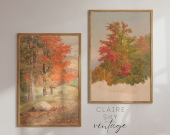 pinturas al óleo de árboles de otoño conjunto de 2 / impresiones de otoño vintage / arte vintage imprimible / imprimibles de arte antiguo / pintura de paisaje vintage