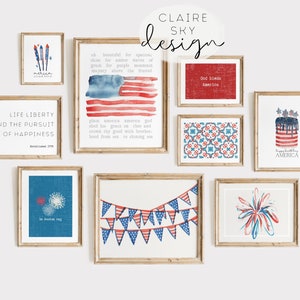 4 de julho pacote de parede da galeria | conjunto de 10 estampas de 4 de julho | Arte de parede para impressão do Dia da Independência | decoração patriótica vermelha branca azul