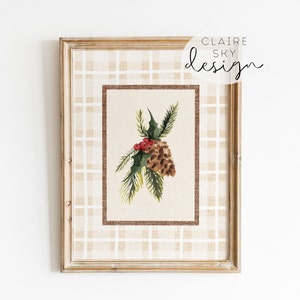 christmas botanical print | farmhouse christmas printables | pine print | cozy christmas decor | plaid wall art | rustic christmas prints