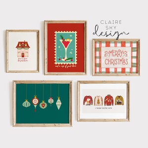 colorful christmas print set of 5 | bright christmas decor wall art | printable emerald green christmas | christmas prints for download