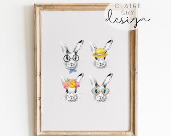 easter bunny printable wall art | easter wall decor | easter bunny portrait | easter prints | watercolor spring print | spring wall art