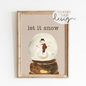 let it snow druckbare Wandkunst | Schneemann im Schneekugel-Print | Boho Weihnachtsdeko | let it snow Zeichen | neutrale Feiertags-Ausdrucke
