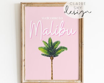 cartel de malibu rosa / arte de pared barbiecore imprimible / decoración inspirada en muñeca rosa femenina / arte de pared con estampado de malibu / estampados de playa de california rosa