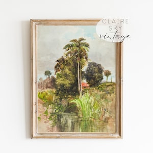 vintage palm tree printable | vintage coastal wall art | tropical palm tree print | beach landscape painting | classic landscape painting