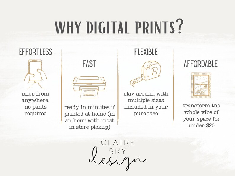 May include: A graphic illustration of four reasons why digital prints are a good choice. The reasons are: Effortless, Fast, Flexible, and Affordable. Each reason is illustrated with a simple icon and a short description.