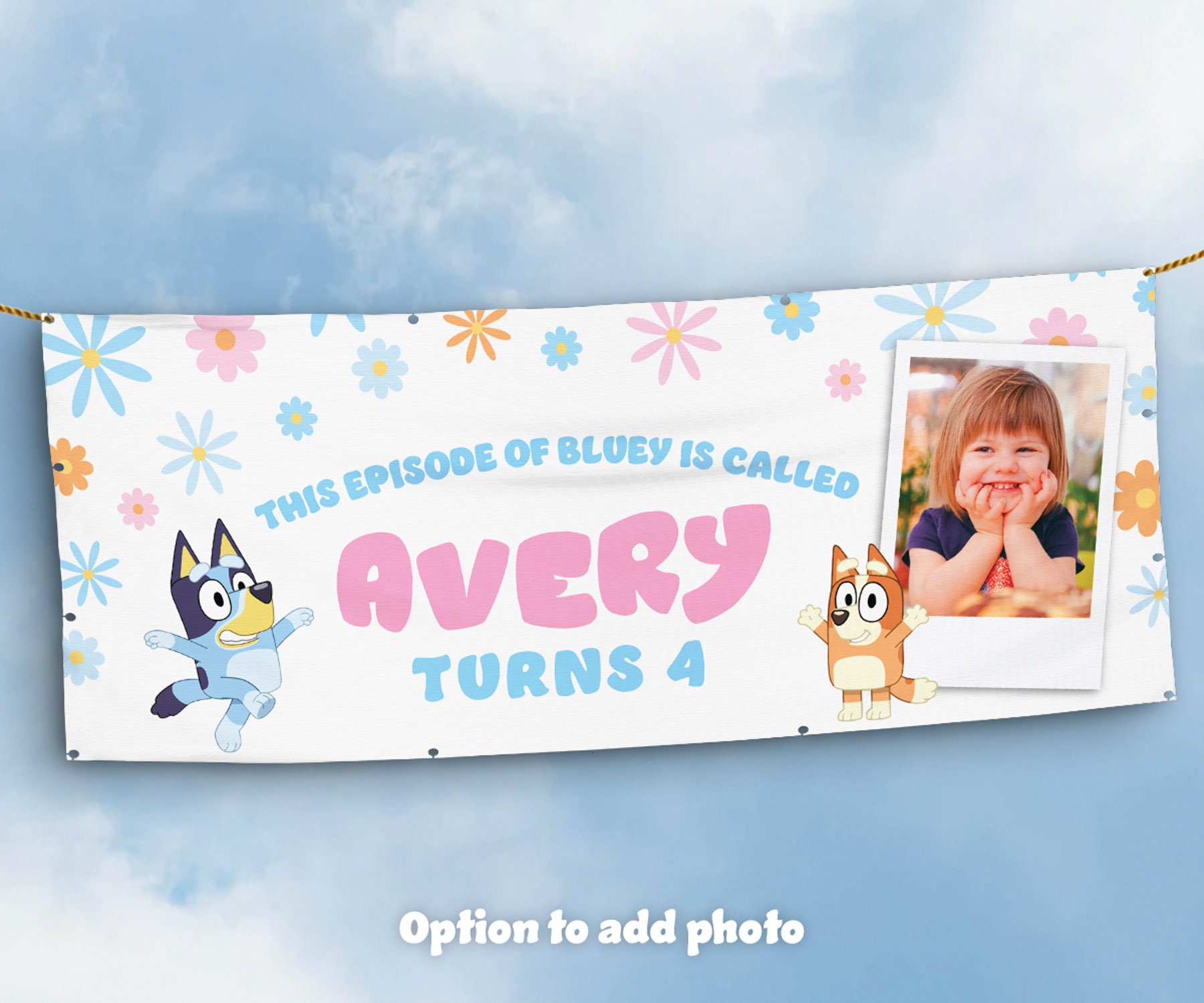 Bluey Floral Daisy Banner – Birthday banner with Bluey and daisy design.