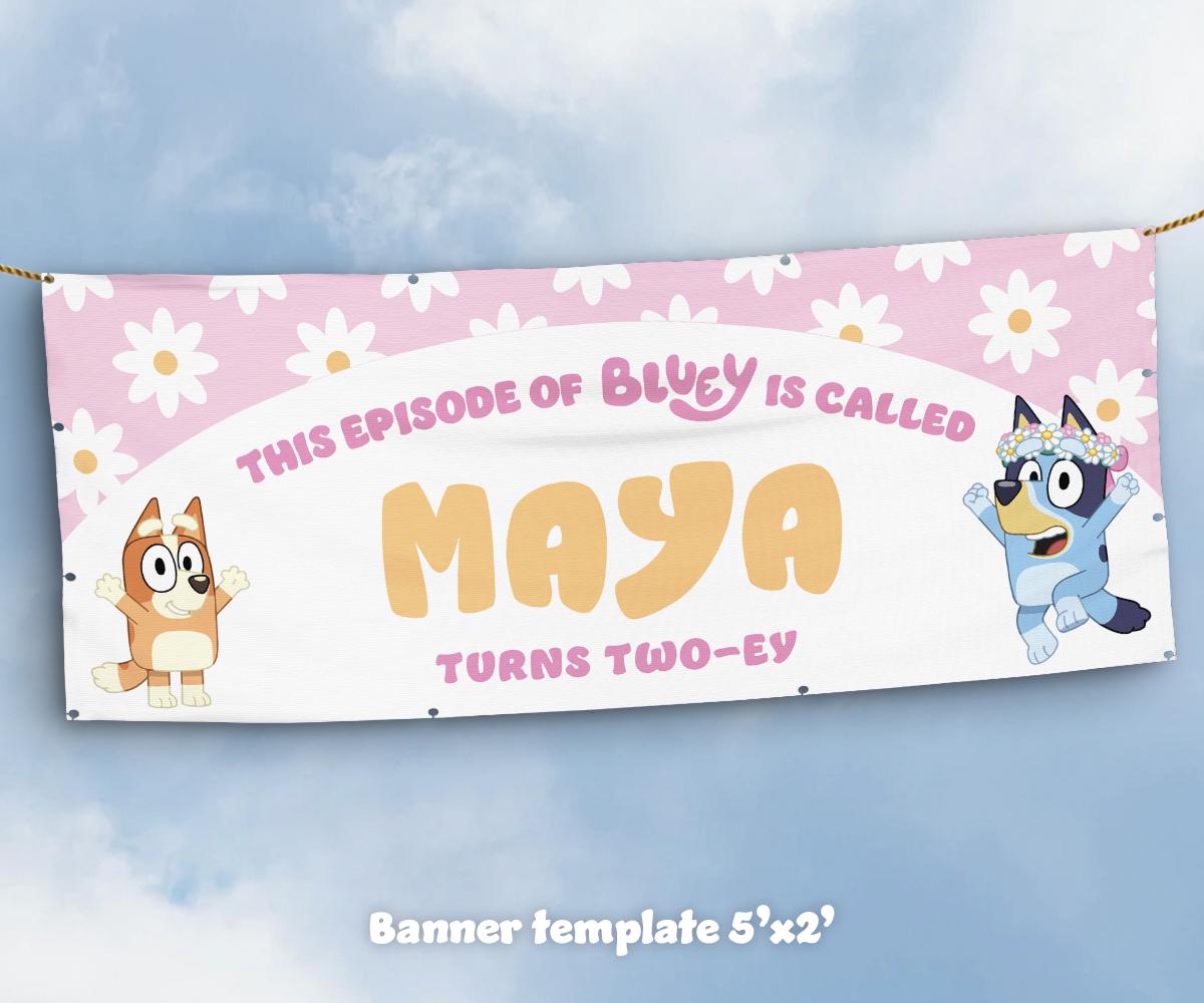 Bluey Floral Daisy Banner – Birthday banner with Bluey and daisy design.