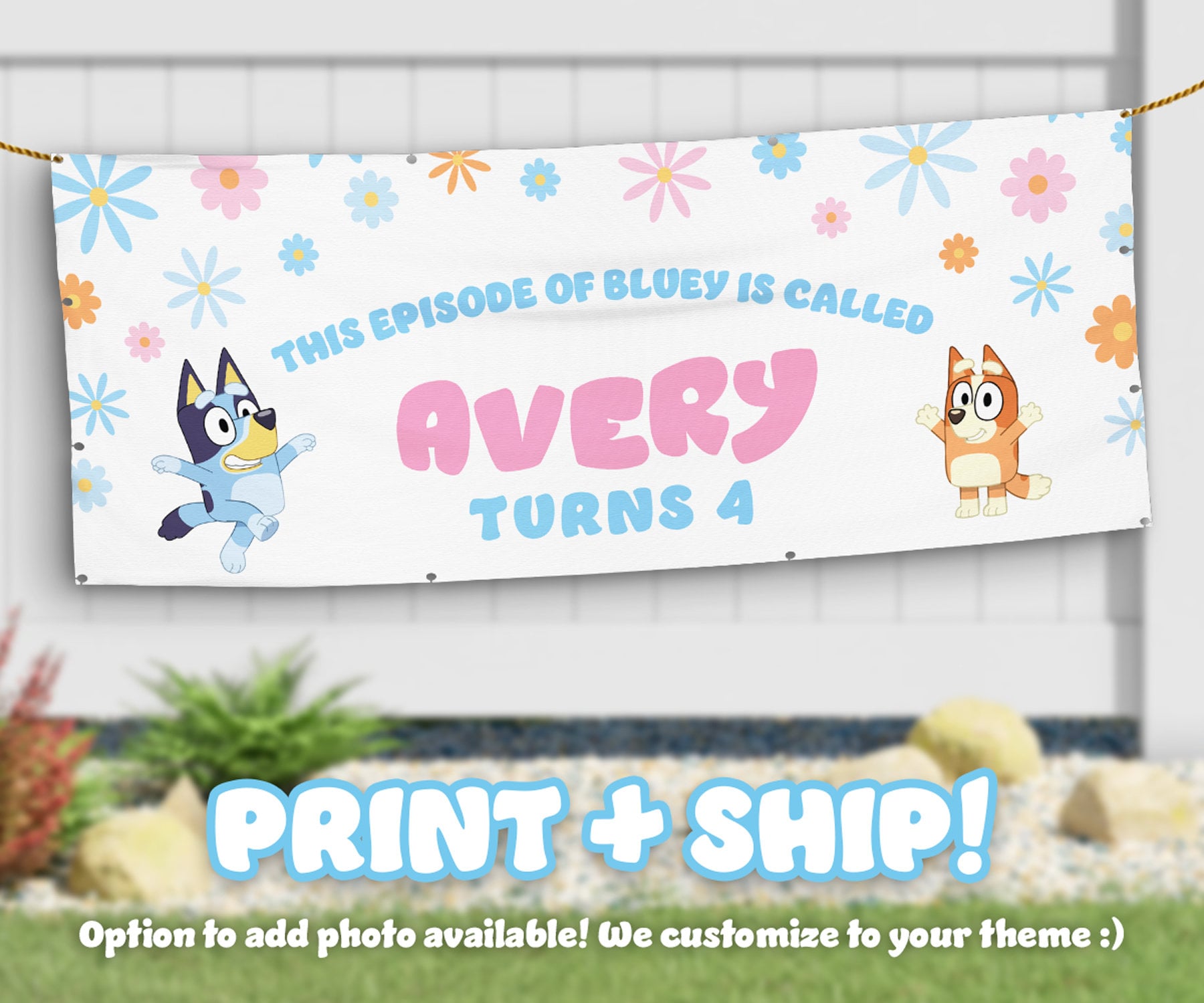 Bluey Floral Daisy Banner – Birthday banner with Bluey and daisy design.