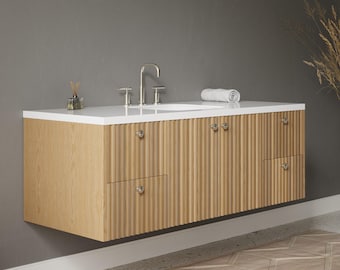 Slatted Wood Bathroom Vanity – Natural Wood Veneer, Handmade