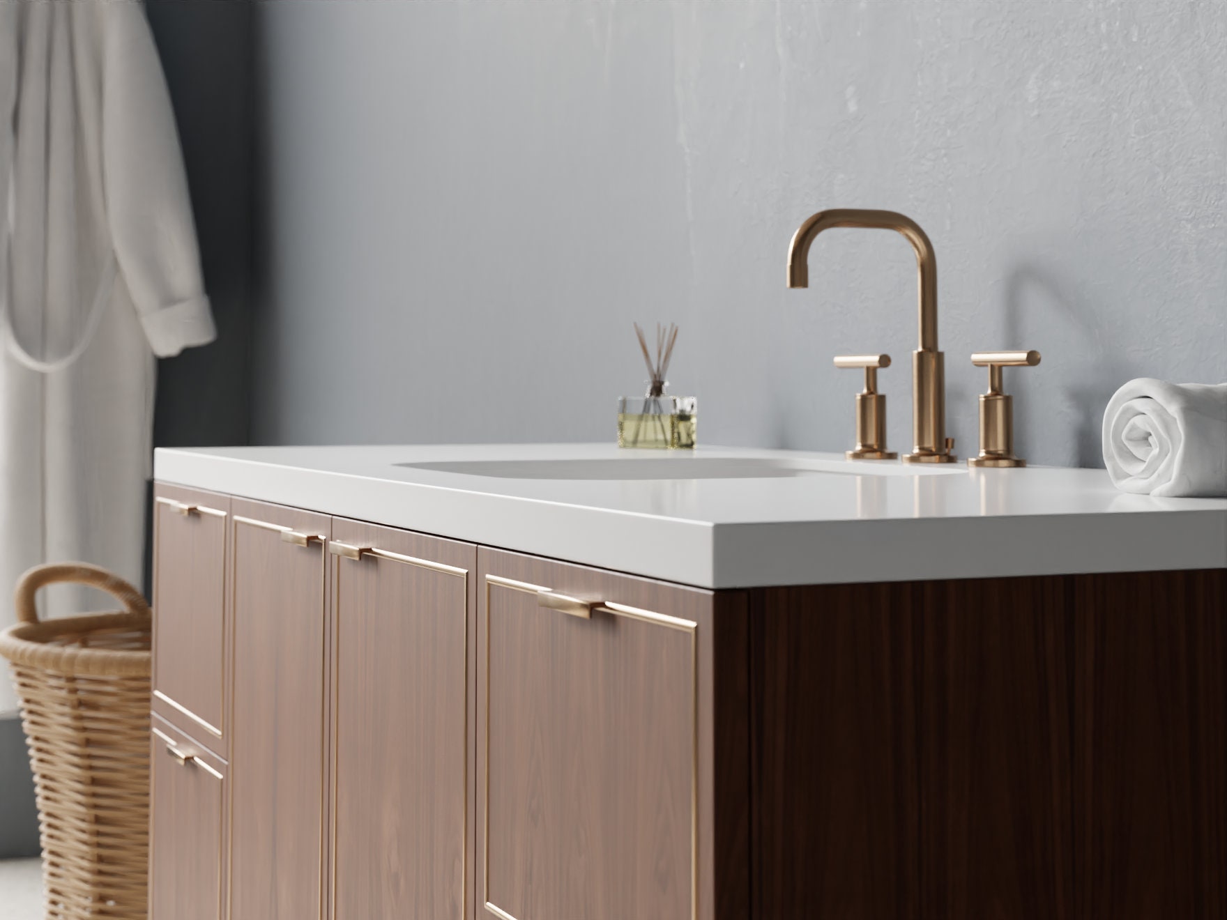 Natural Wood Veneer Bathroom Vanity With Brass Inlay Floating Free ...