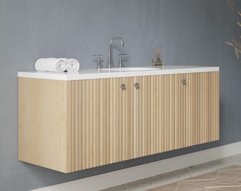 Slat Wood Bathroom Vanity - Floating Single Sink, Handmade