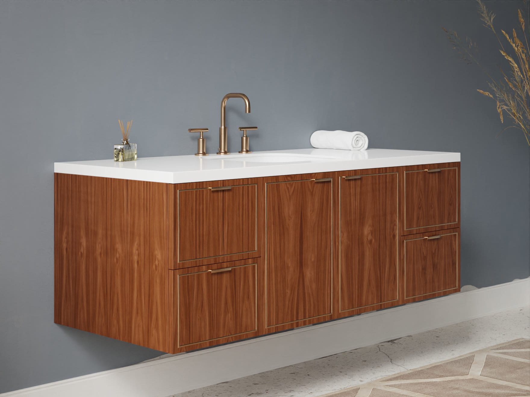 Natural Wood Veneer Bathroom Vanity With Brass Inlay Floating Free
