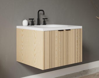 Reeded Wood Floating Bathroom Vanity – Handmade Double Door Design