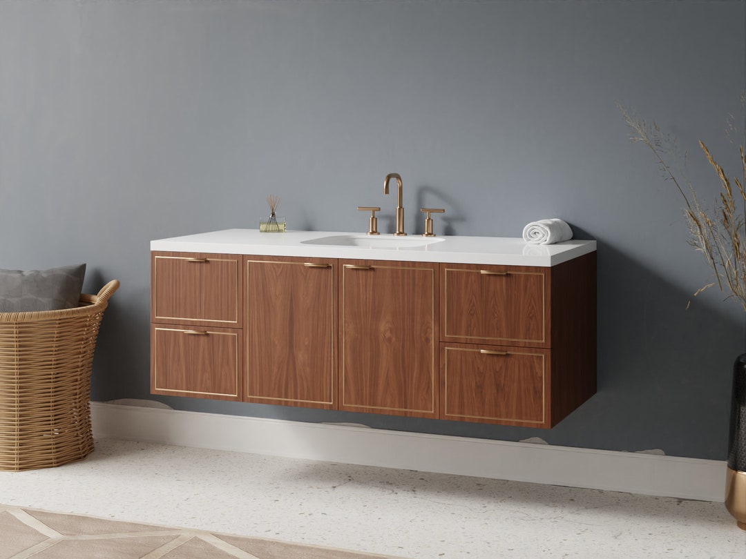 Natural Wood Veneer Bathroom Vanity With Brass Inlay Floating Free