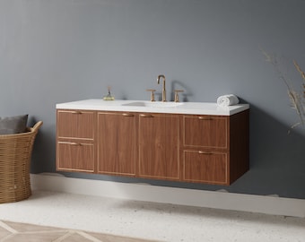 Natural Wood Veneer Bathroom Vanity with Brass Inlay - Floating - Free Shipping