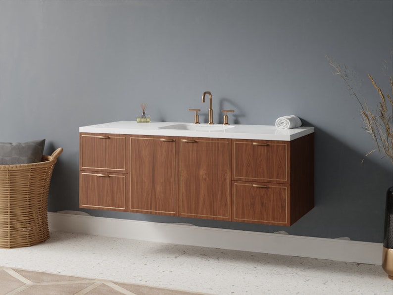 Natural Wood Veneer Bathroom Vanity With Brass Inlay Floating Free