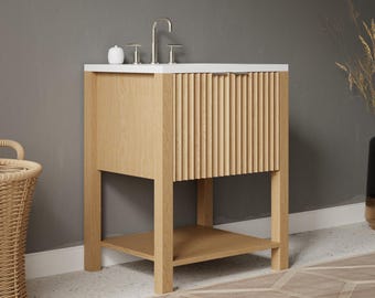 Fluted Wood Bathroom Vanity – Double Door, Natural Veneer (16-36")