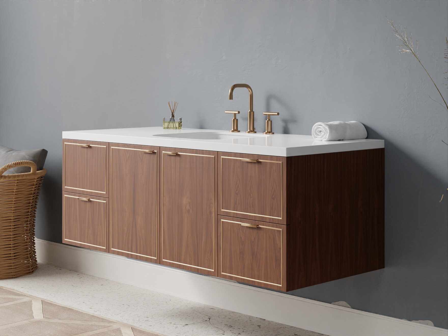 Natural Wood Veneer Bathroom Vanity With Brass Inlay Floating Free