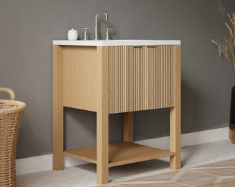 Reeded Wood Bathroom Vanity – Handcrafted Double Door Sink Cabinet