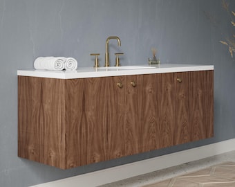Handcrafted Floating Bathroom Vanity - Single Sink - Natural Wood Veneer