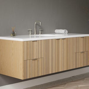 Reeded Wood Floating Bathroom Vanity - Handmade, Natural Veneer